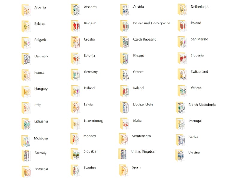 May include: A collection of yellow folder icons with country names and flags. The icons are arranged in a grid of four columns and six rows. The flags are stylized and colorful.