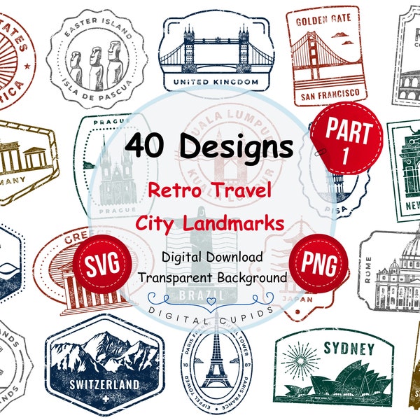 City Landmarks Stamp Bundle SVG PNG I Cities Travel Stamps Collection I Iconic Urban Marks Stickers I Holiday Souvenirs I Vacation Clipart