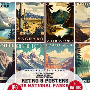 Set di poster retrò dei parchi nazionali degli Stati Uniti, collezione di poster da parete retrò da viaggio JPG per l'arredamento della casa, stampa turistica americana JPG / regali di viaggio