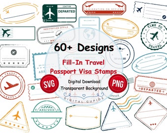 Fill-In Travel Passport Visa Stamps Collection SVG PNG I Vacation Stickers Collection Printables I Journey Clipart Sublimation I Travelers