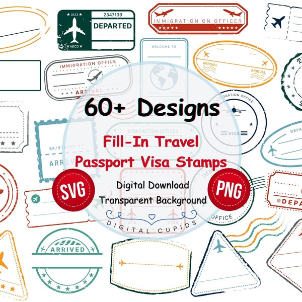 Remplir Passeport de voyage Visa Timbres Collection SVG PNG I Collection d’autocollants de vacances Imprimables I Voyage Clipart Sublimation I Voyageurs