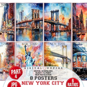 Coleção de pôsteres JPG aquarela de NYC | Impressões digitais de alta resolução | Arte de parede da cidade de Nova York | Decoração e presente para casa de viagem | Download instantâneo