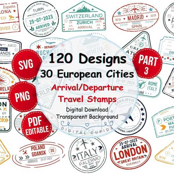 Passport Travel Stamps Stickers: 3rd Bundle SVG PNG PDF I Airport Visa Arrival Departure Collection I Clipart Design I European Cities Print
