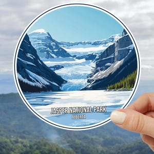 Pegatina impresa del Parque Nacional Jasper, calcomanía de Alberta Wilderness, acampada de aventura canadiense, senderismo, ruta de vida silvestre, arte de montaña glaciar