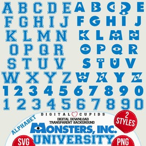 Colección de fuentes del alfabeto de Monsters University Incorporated at Work SVG PNG / Letras y números inspirados en monstruos / Imágenes prediseñadas de fuentes imprimibles