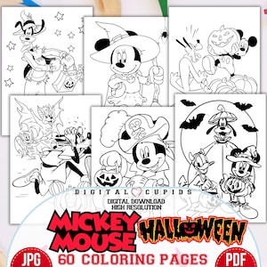 Dibujos para colorear de Mickey Mouse en Halloween JPG PDF / Actividad creativa para niños de Mickey Mouse / Hojas para dibujar listas para imprimir en tamaño A4 / Hojas con temática de películas