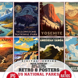 Pacchetto di poster retrò dei parchi nazionali degli USA, collezione di poster da parete retrò da viaggio JPG per l'arredamento della casa, stampa turistica americana JPG, regalo di viaggio