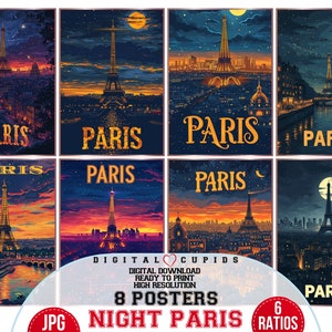 Collezione di poster Night ParisPosters Set I Paris Love Iconic Places I Paris France Landmark Poster, regalo di viaggio, stampa poster digitali della Torre Eiffel