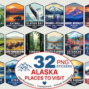 Peut inclure: Une collection de 32 autocollants hexagonaux pr&eacute;sentant des sc&egrave;nes illustr&eacute;es de lieux en Alaska, notamment Kobuk Valley, Katmai, Glacier Bay, Wrangell-St. Elias, Mount McKinley, Aniakchak, Aleutian Islands, Cape Krusenstern, Tongass, Misty Fjords, Ketchikan, Fairbanks, Anchorage, Sitka, Inside Passage et Talkeetna.