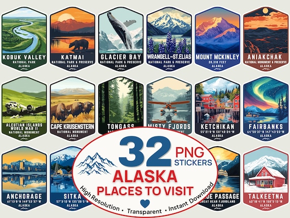 Alaska Travel PNG Bundle Sticker Designs, Denali National Park, Glacier Bay, Alaska Cruise PNG, Alaska Clipart, Sublimation