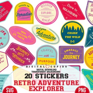 Reizen avontuur retro stickers collectie I SVG PNG retro bundel I Global Explorer Adventure Pack I vakantie souvenir, vakantie clipart SVG