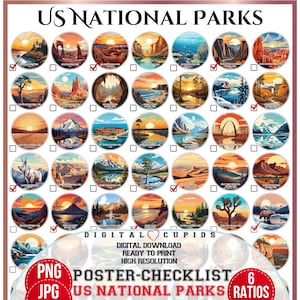USA National Parks Interaktives Checklist Poster | Travel Guide Bucket List I JPG Png American Bundle von Aufklebern Poster | Reiseplaner Art