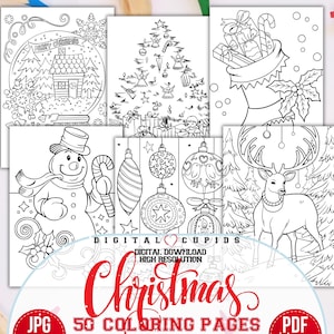 Pagine da colorare di Natale JPG PDF I Attività per le vacanze stampabili I Regalo per bambini piccoli I Artigianato invernale festivo, pupazzo di neve, renna, albero di Natale