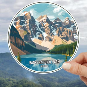 Sticker imprimé parc national Banff, sticker nature Alberta Canada, sticker camping randonnée aventure, équipement de plein air, route de la faune canadienne