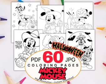 May include: A collection of black and white coloring pages featuring Mickey Mouse and friends in Halloween costumes. The pages include illustrations of characters with pumpkins, a spider, and bats. Text on the pages includes "Trick or Treat" and "Halloween".