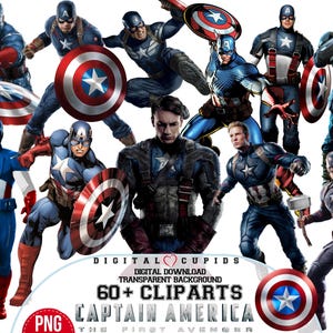 File PNG di Captain America, collezione di clipart di supereroi stampabili, download digitale ad alta risoluzione, decorazione per torta per feste, invito di compleanno, adesivo