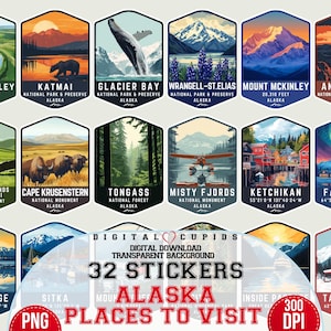 Alaska National Parks, Preserves, Monuments and Places to Visit Ultimate Collection, Alaska Travel Destination Clipart Printable Artwork PNG