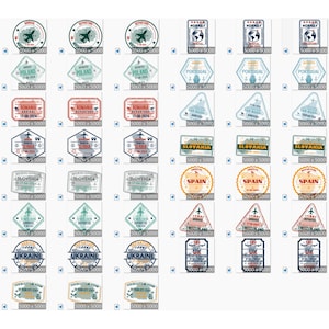 May include: A collection of colorful passport stamps from various countries, including Poland, Romania, Norway, Portugal, Slovakia, Slovenia, Spain, Ukraine, and Switzerland. Each stamp features a unique design and text, including the country name and arrival or departure date.