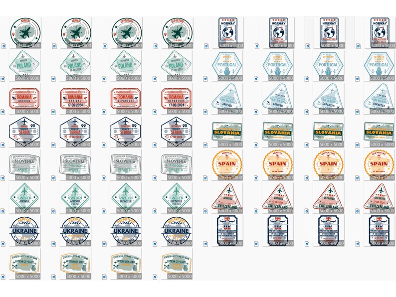 May include: A collection of colorful passport stamps from various countries, including Poland, Romania, Norway, Portugal, Slovakia, Slovenia, Spain, Ukraine, and Switzerland. Each stamp features a unique design and text, including the country name and arrival or departure date.