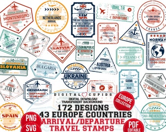 European Travel Stamps: SVG PNG Clipart (Digital Download)