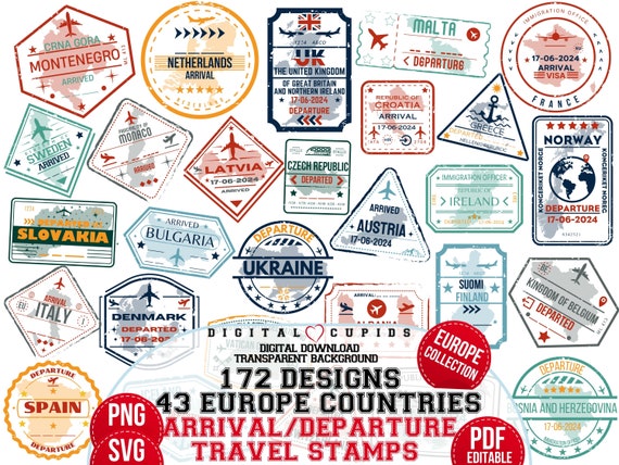 European Travel Stamps: SVG PNG Clipart (Digital Download)