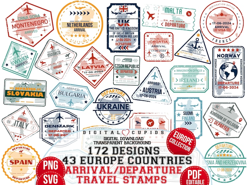 May include: A collection of 172 digital travel stamp designs featuring 43 European countries. The stamps are in various colors and styles, with each stamp depicting a country's name, arrival or departure date, and a small graphic of the country's flag or map. The stamps are perfect for scrapbooking, card making, and other craft projects.