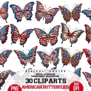 Borboletas de estilo americano PNG I Desenhos patrióticos vermelhos, azuis e brancos de sublimação I Gráfico de 4 de julho I Clipart festivo dos EUA I Impressão e digital