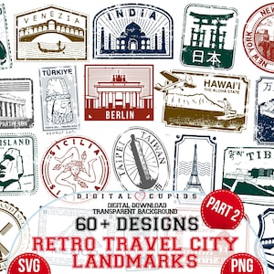 Colección de sellos de monumentos de la ciudad SVG PNG I Sellos de ciudades de viaje I Sublimación de imágenes prediseñadas I Pegatinas de viajes de vacaciones I Turismo vintage I Imprimible