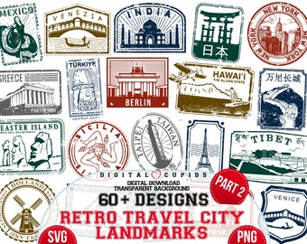 City Landmarks Stamps: Vintage Travel Stickers, Clipart (SVG, PNG)