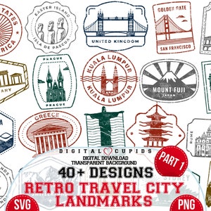 City Landmarks Retro Stamp 1st Bundle SVG PNG I Coleção de selos de viagem de cidades I Adesivos de marcas urbanas I Clipart de lembranças de férias I