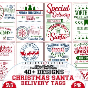 May include: A selection of Christmas Santa delivery tags with diverse designs. The tags feature festive text and graphics, including "North Pole Express," "Merry Christmas," and "Special Delivery." Available in SVG and PNG formats.