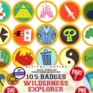 May include: A set of 16 colorful digital badges featuring various icons, including a pyramid, a castle, a sword, a bomb, a skull, a broccoli, a shovel, a rhino, a trash can, a yin yang symbol, a formula, an axe, a tree, a grape soda can, and a test tube. The badges are labeled "105 Badges Wilderness Explorer Part 2".