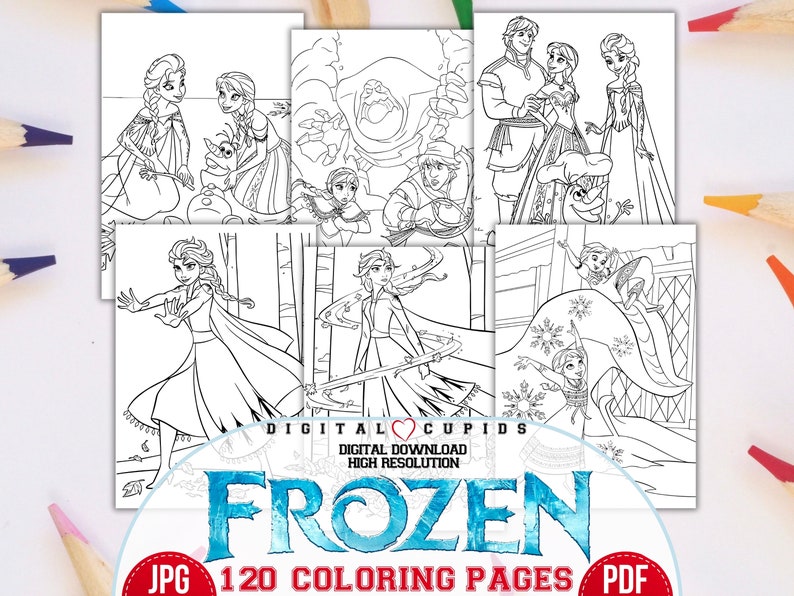 Pu&ograve; includere: Un set di 120 pagine da colorare di Frozen con illustrazioni in bianco e nero dei personaggi del film, tra cui Elsa, Anna, Olaf, Kristoff e Sven. Le pagine sono download digitali e sono ad alta risoluzione. Il testo "DIGITAL CUPIDS DIGITAL DOWNLOAD HIGH RESOLUTION FROZEN 120 COLORING PAGES" &egrave; visibile nell'immagine.
