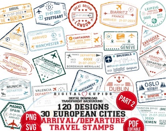 May include: A collection of 30 European city arrival and departure travel stamps. The stamps are in various colors and feature the city name, country, and date. The stamps are designed to look like authentic passport stamps.