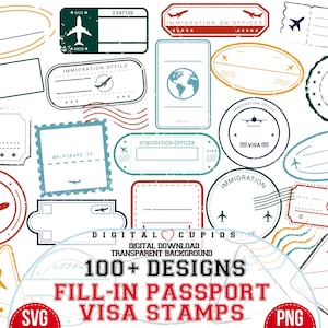 Coleção de carimbos de visto de passaporte de viagem para preenchimento SVG PNG I Coleção de adesivos de férias para impressão I Clipart de viagem Sublimação I Viajantes