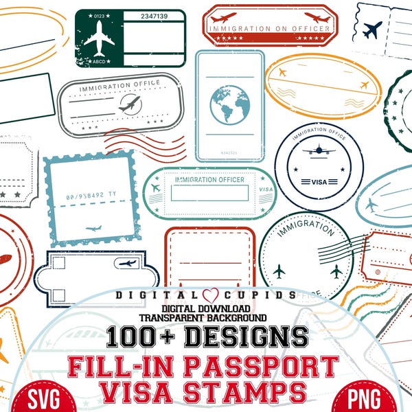 Sellos de visa para pasaporte: pegatinas de viaje para rellenar, SVG PNG (descarga digital)
