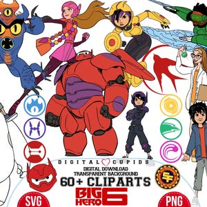 Big Hero & Baymax Clipart Sammlung SVG PNG, 5K Auflösung Printable Set, Hiro, Honig Zitrone, Go Go, Wasabi, Geburtstag Cake Topper Design