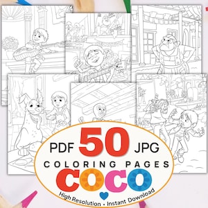 May include: A collection of black and white line art coloring pages featuring characters from the movie Coco. The central oval graphic displays the text PDF 50 JPG COLORING PAGES COCO High Resolution Instant Download in red, black, and blue.