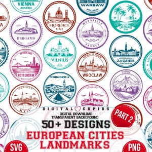 Wahrzeichen der Stadt Briefmarken SVG PNG Sammlung I Reisestempel I Wahrzeichen der Stadt Kunst I Clipart SVG Sublimation I T-Shirt, Aufkleber, Becher Design