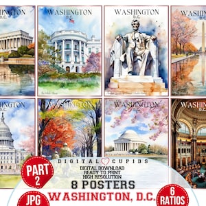 Conjunto de pôsteres em aquarela JPG de Washington D.C. Parte 2 I Download instantâneo I Tamanhos versáteis I Pontos turísticos da cidade I Fácil de imprimir I Presentes para amantes de viagens