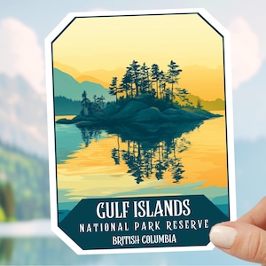 Reserva do Parque Nacional das Ilhas do Golfo - Colúmbia Britânica, Canadá | Adesivo de viagem impresso, adesivo de acampamento, lembrança de viagem de carro do Canadá, montanha