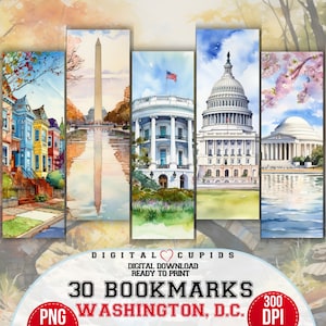 Pacote de marcadores de aquarela Washington D.C. | Impressões digitais de alta resolução | Pacote de marcadores de Washington | Conjunto de marcadores de viagem de arte moderna