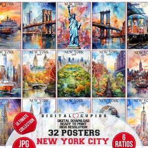 New York City NYC Acquerello JPG Poster Ultimate Collection Download digitale ad alta risoluzione Regalo da viaggio Proporzioni versatili Stampa Decorazione per la casa Arte murale