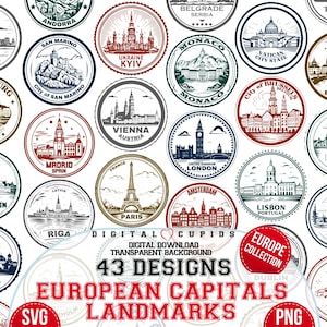 Sellos de monumentos de la ciudad - Colección de capitales europeas I SVG PNG I Sellos de viaje Clipart I Turismo vintage I Tarjeta de viaje I Visa Pasaporte Sello
