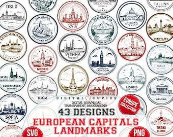 European City Landmarks Stamps: Travel Clipart (SVG, PNG)