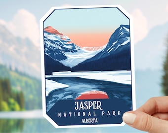 May include: A vintage-style illustration of a mountain range with a river flowing through it. The text "Jasper National Park, Alberta" is at the bottom of the image.