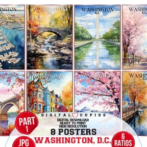 Conjunto de pôsteres JPG em aquarela de Washington D.C.: download instantâneo, tamanhos versáteis, marcos da cidade, impressão de arte digital para decoração, presente para amantes de viagens