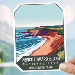 Adesivo impresso do Parque Nacional da Ilha do Príncipe Eduardo, deserto canadense, decalque de aventura na praia de Cavendish, falésias de areia vermelha, ao ar livre, vida selvagem