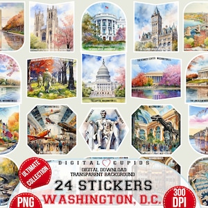 Washington DC. Coleção de adesivos I PNG: 5K Res | Casa Branca, Lincoln Memorial, National Mall, Capitólio dos EUA I Adesivos de viagem I Sublimação