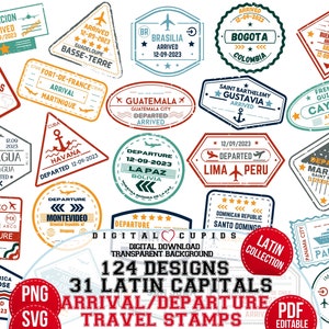Pass Reisestempel: Zentral, Süd Lateinische Hauptstädte I SVG, PNG, PDF | Visa Airport Ankunft, Abflug Aufkleber | Clipart Sublimationsdruck